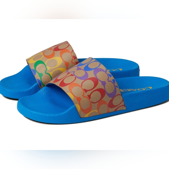 🔥Coach men's rainbow blue slides pool sandals flip-flops shoes new Logo Summer - Picture 4 of 9
